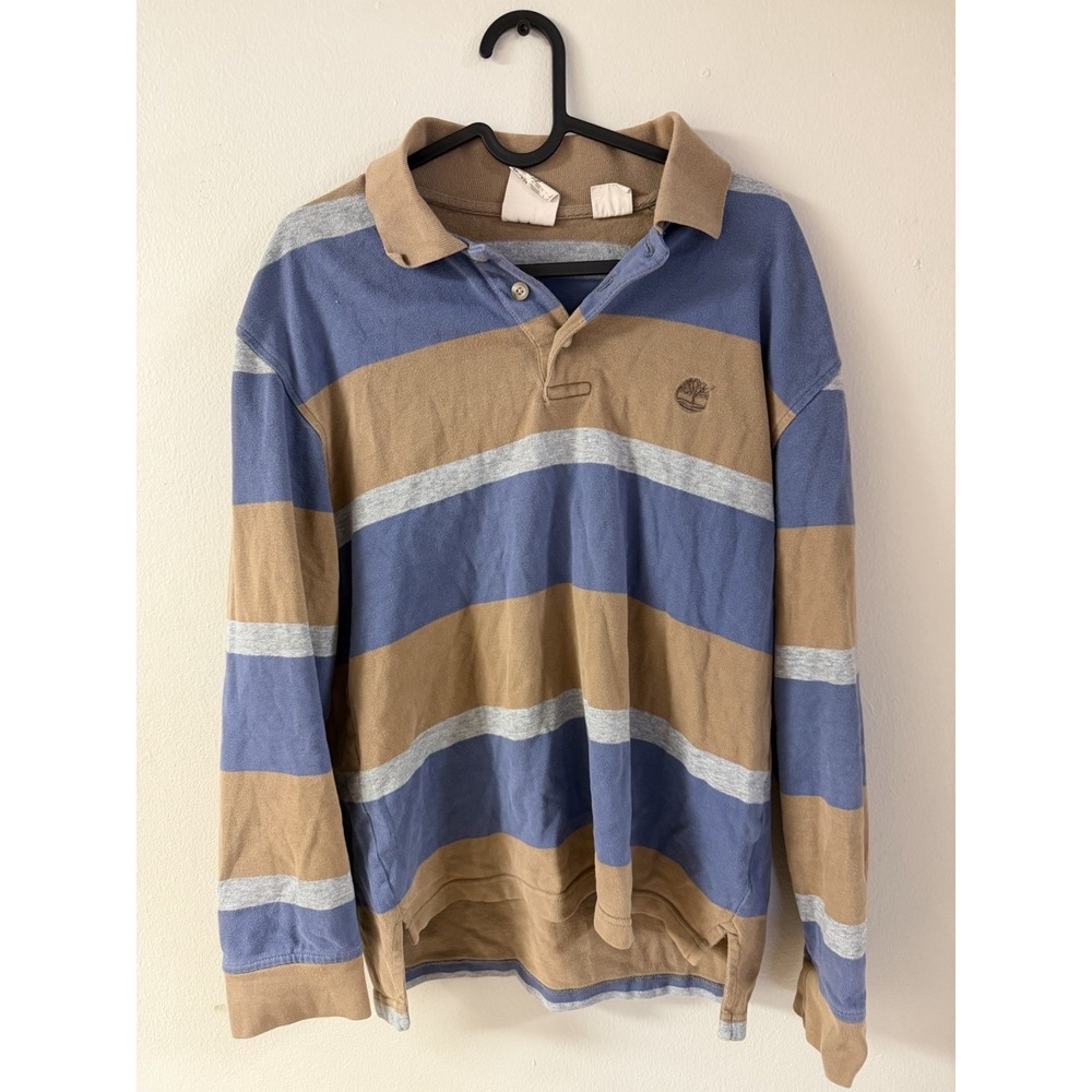 Vintage Timberland Rugby Polo Shirt Adult S Blue Big Stripe Collared Casual EUC!